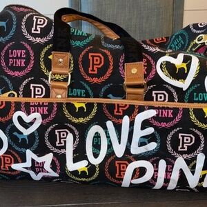 Victoria's Secret Large Pink Black Multi Luggage Travel Overnight Duffel Bag EUC